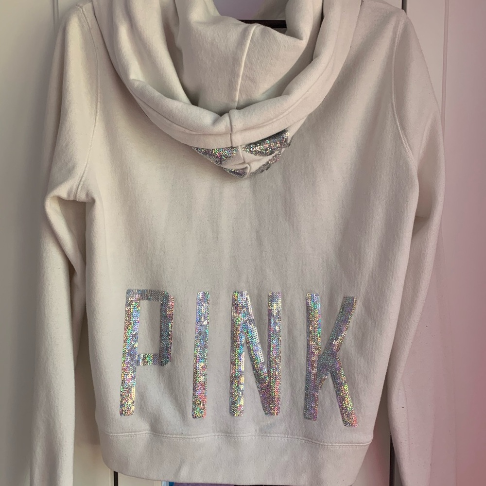 PINK Sparkle White Hoodie with Sequins on Hood